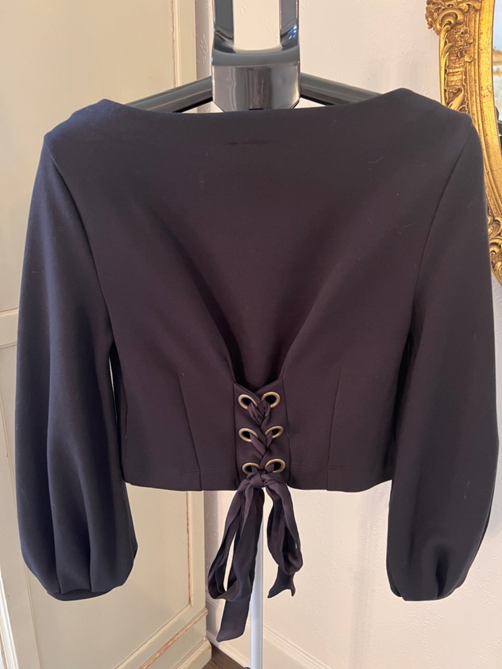 MAEVE Anthropologie Black Cropped Boatneck Corset Sweatshirt Balloon Sleeves - Picture 3 of 7